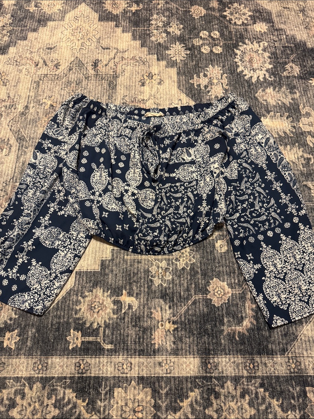 Altar'd State Navy and White Paisley Off-Shoulder Crop Top